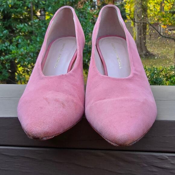Pink Suede Pumps Loeffler Randall Size 7 Chunky Heel Pointed Toe Leather Sole - Picture 2 of 12